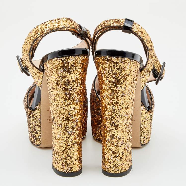 Pre Owned Giuseppe Zanotti Gold Coarse Glitter Ankle Strap Platform Sandals 38