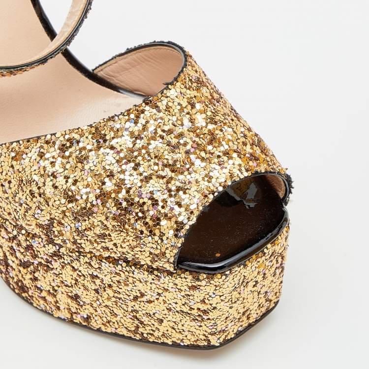 Pre Owned Giuseppe Zanotti Gold Coarse Glitter Ankle Strap Platform Sandals 38