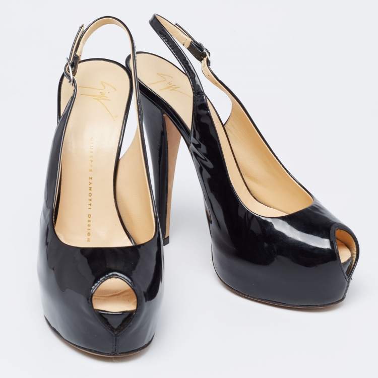 Pre Owned Giuseppe Zanotti Black Patent Leather Peep Toe Slingback Platform Pumps Size 38