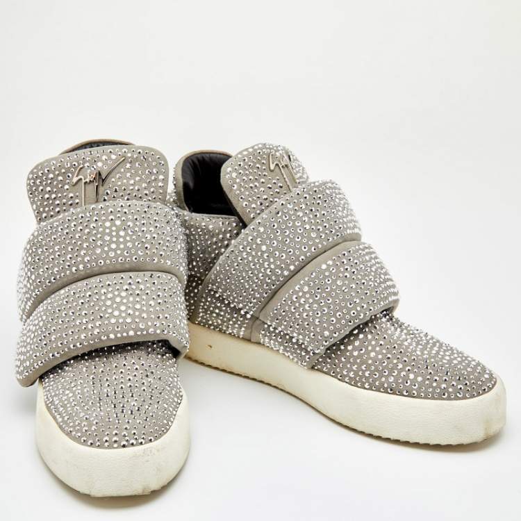 Pre Owned Giuseppe Zanotti Grey Suede Embellished Velcro Strap High Top Sneakers Size 41