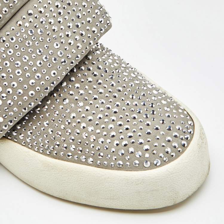 Pre Owned Giuseppe Zanotti Grey Suede Embellished Velcro Strap High Top Sneakers Size 41