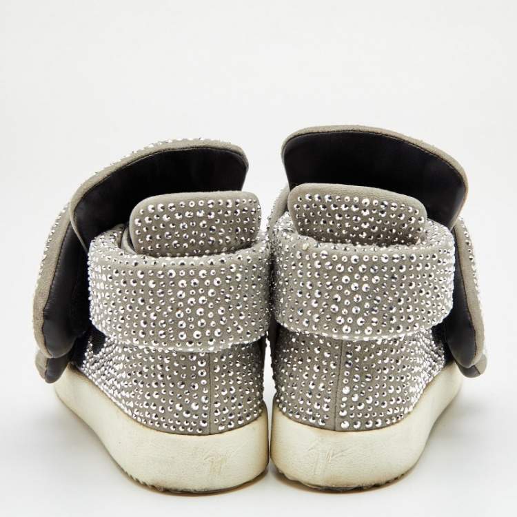 Pre Owned Giuseppe Zanotti Grey Suede Embellished Velcro Strap High Top Sneakers Size 41
