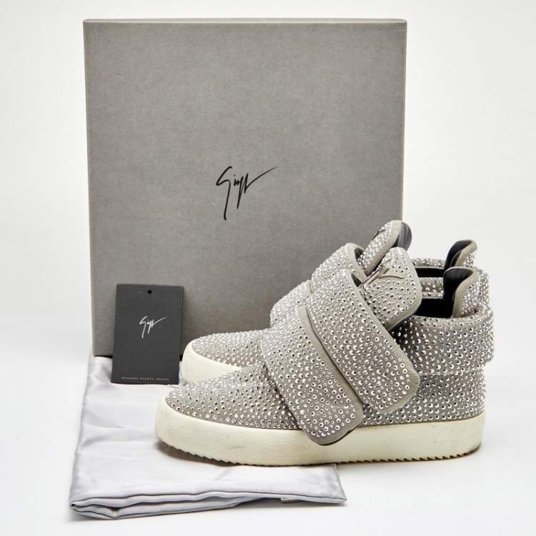 Pre Owned Giuseppe Zanotti Grey Suede Embellished Velcro Strap High Top Sneakers Size 41