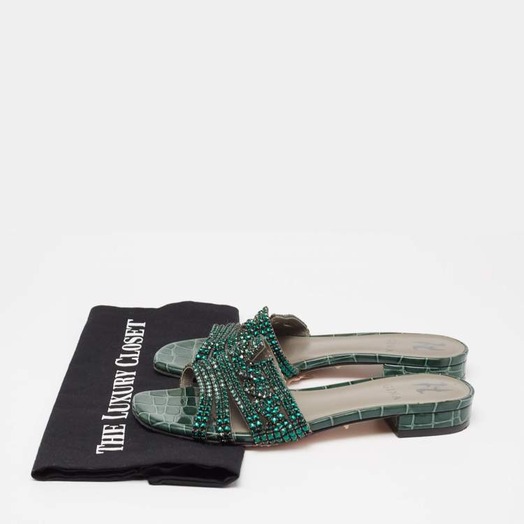 Pre Owned Gina Green Croc Embossed Patent Leather Crystal Embellished Sandals Size 38.5