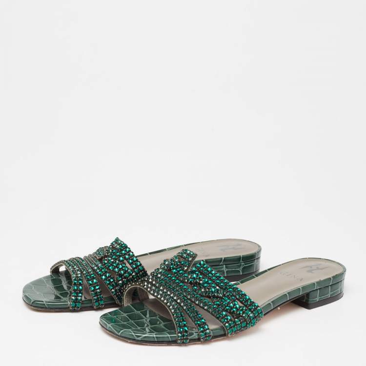 Pre Owned Gina Green Croc Embossed Patent Leather Crystal Embellished Sandals Size 38.5