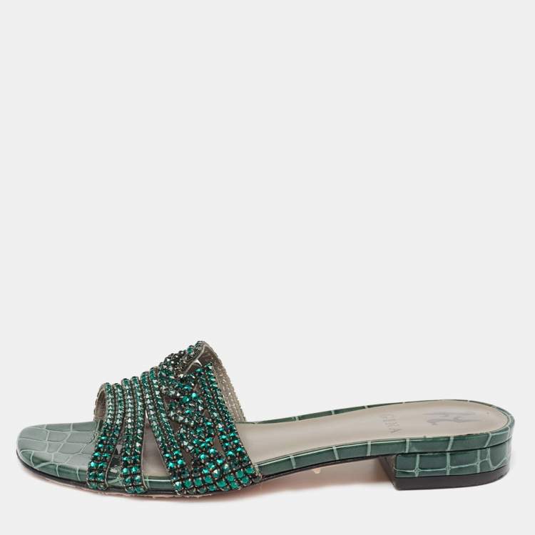 Pre Owned Gina Green Croc Embossed Patent Leather Crystal Embellished Sandals Size 38.5