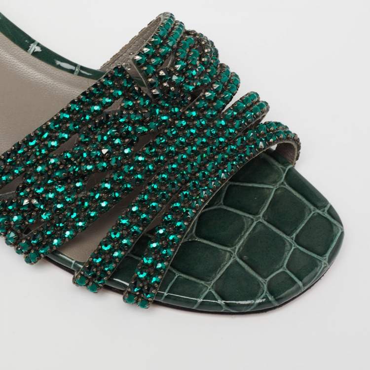 Pre Owned Gina Green Croc Embossed Patent Leather Crystal Embellished Sandals Size 38.5