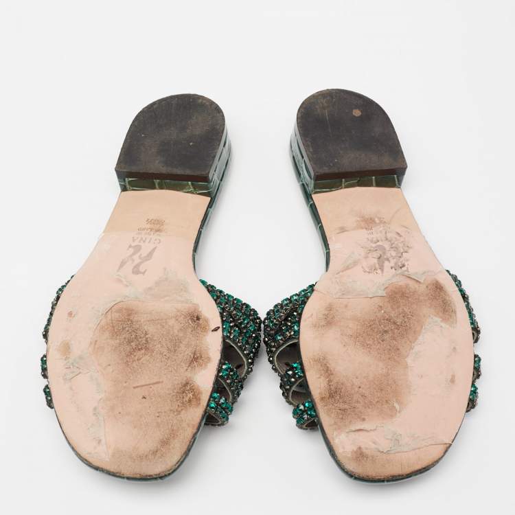 Pre Owned Gina Green Croc Embossed Patent Leather Crystal Embellished Sandals Size 38.5