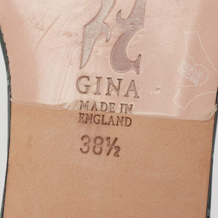 Pre Owned Gina Green Croc Embossed Patent Leather Crystal Embellished Sandals Size 38.5