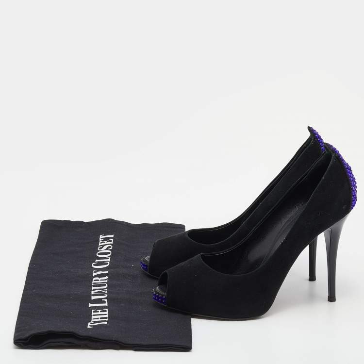 Pre Owned Giuseppe Zanotti Black Suede Embellished Peep Toe Pumps Size 36