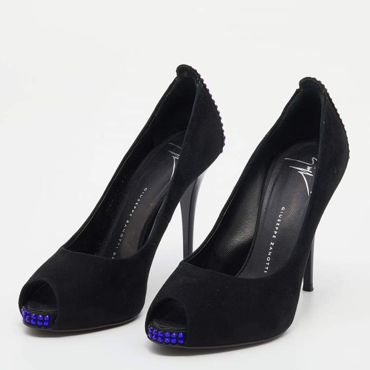 Pre Owned Giuseppe Zanotti Black Suede Embellished Peep Toe Pumps Size 36