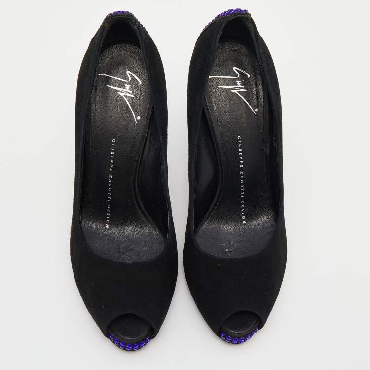 Pre Owned Giuseppe Zanotti Black Suede Embellished Peep Toe Pumps Size 36