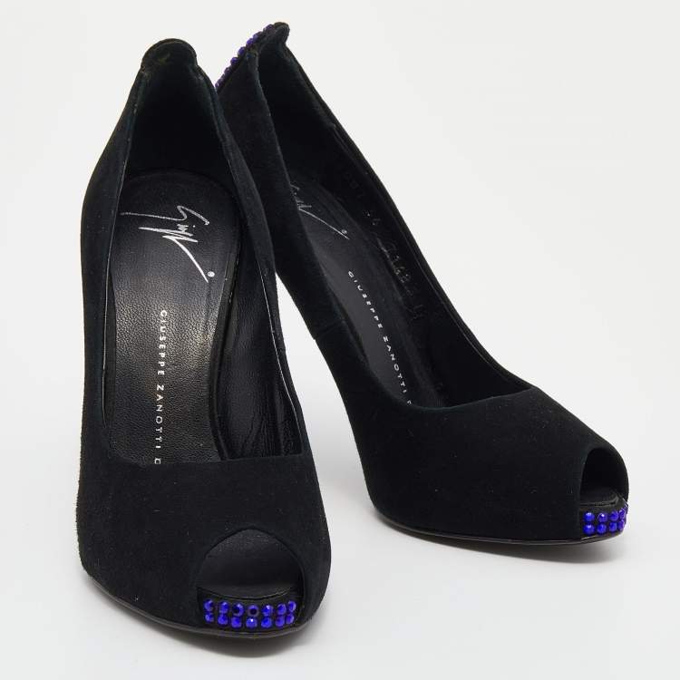 Pre Owned Giuseppe Zanotti Black Suede Embellished Peep Toe Pumps Size 36