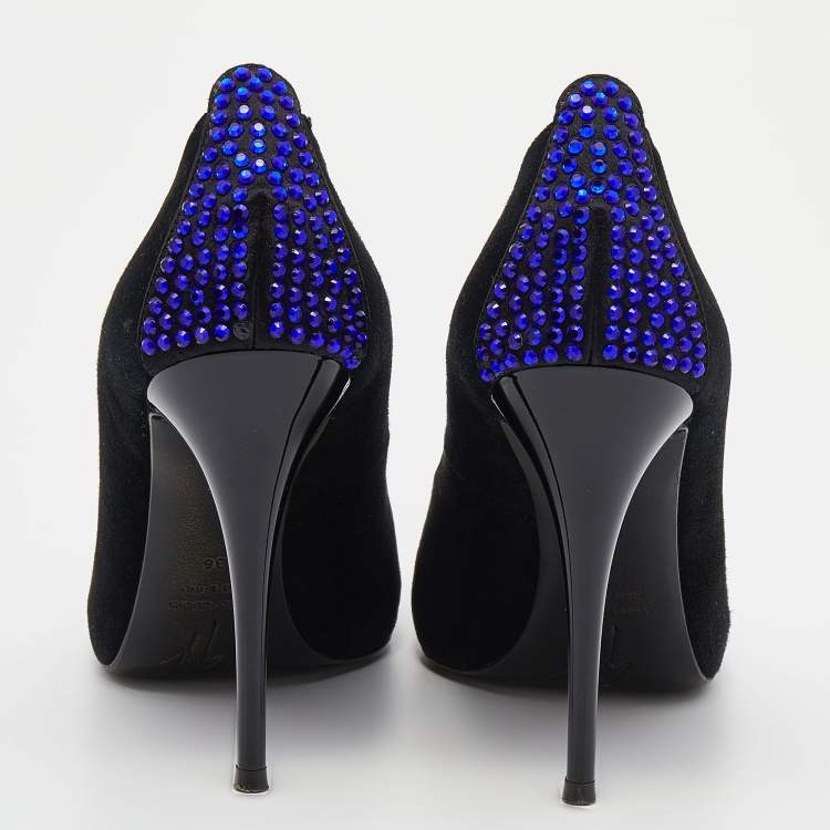 Pre Owned Giuseppe Zanotti Black Suede Embellished Peep Toe Pumps Size 36