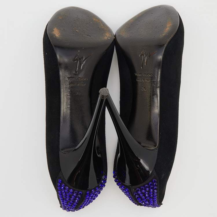 Pre Owned Giuseppe Zanotti Black Suede Embellished Peep Toe Pumps Size 36
