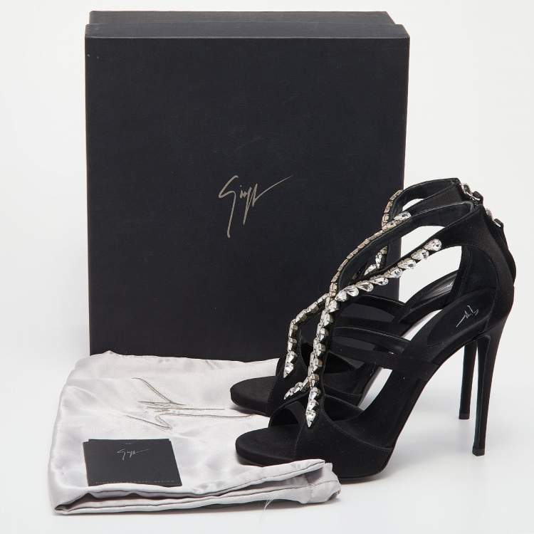 Pre Owned Giuseppe Zanotti Black Satin Crystal Embellished Strappy Sandals Size 37