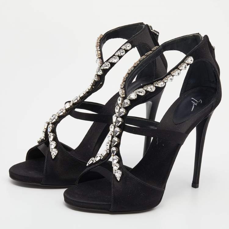 Pre Owned Giuseppe Zanotti Black Satin Crystal Embellished Strappy Sandals Size 37