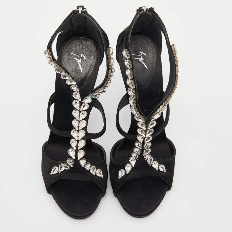 Pre Owned Giuseppe Zanotti Black Satin Crystal Embellished Strappy Sandals Size 37
