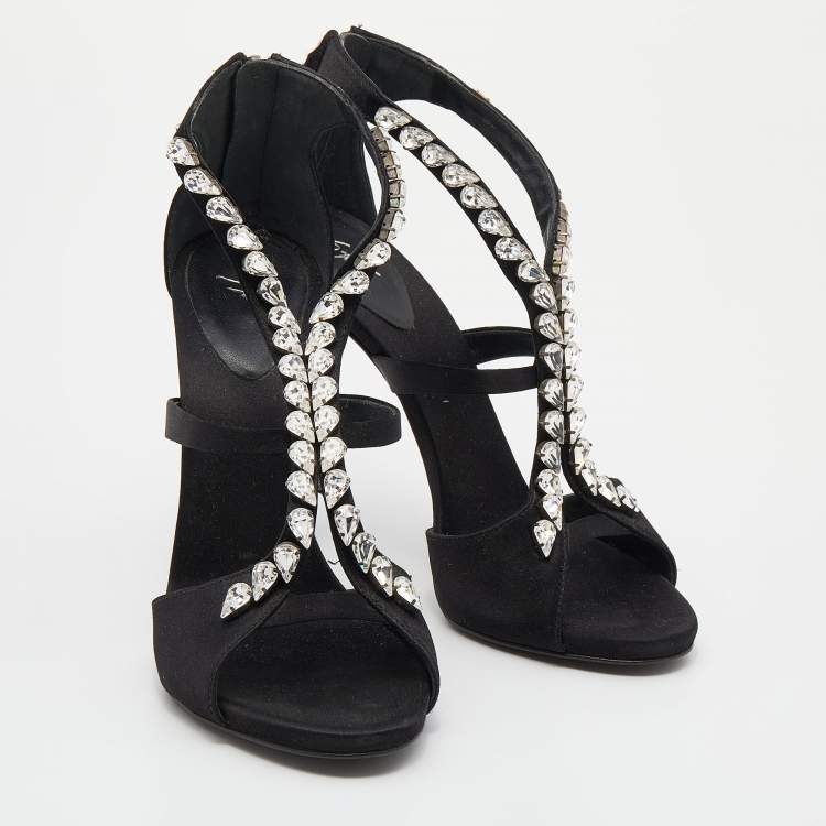 Pre Owned Giuseppe Zanotti Black Satin Crystal Embellished Strappy Sandals Size 37