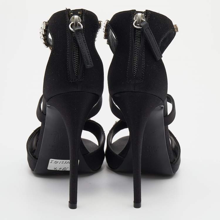Pre Owned Giuseppe Zanotti Black Satin Crystal Embellished Strappy Sandals Size 37