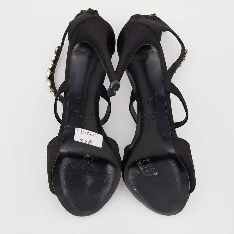 Pre Owned Giuseppe Zanotti Black Satin Crystal Embellished Strappy Sandals Size 37