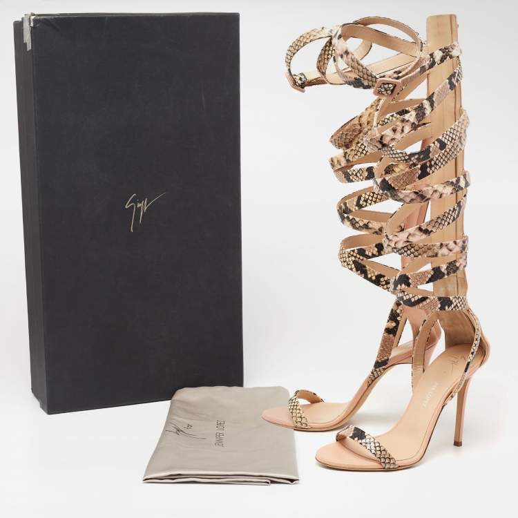 Pre Owned Giuseppe Zanotti Beige/Pink Python Embossed Leather Gladiator Sandals Size 37