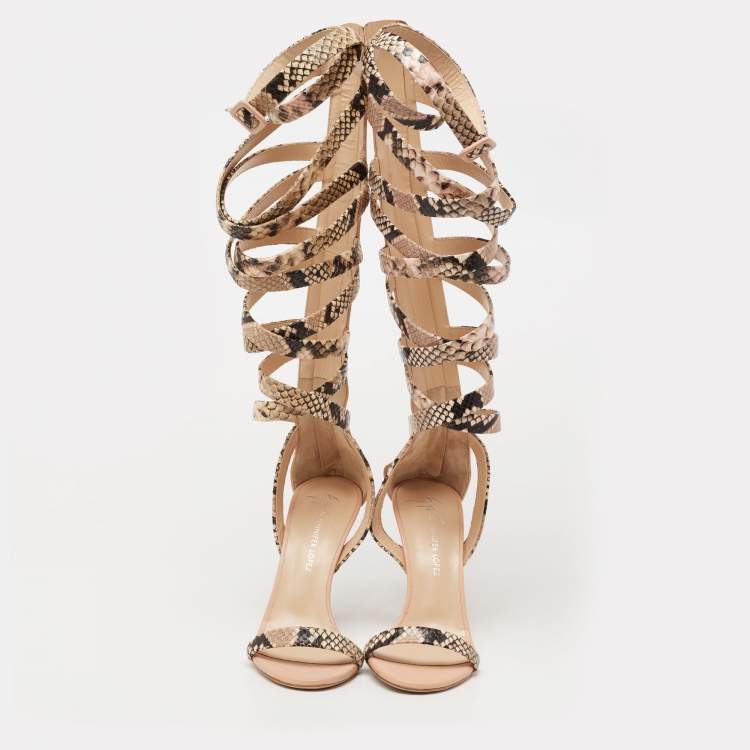 Pre Owned Giuseppe Zanotti Beige/Pink Python Embossed Leather Gladiator Sandals Size 37