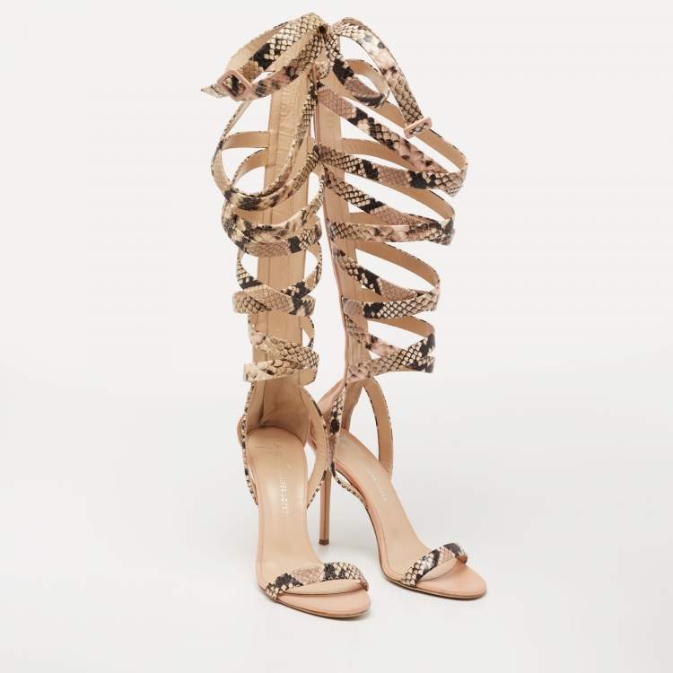 Pre Owned Giuseppe Zanotti Beige/Pink Python Embossed Leather Gladiator Sandals Size 37
