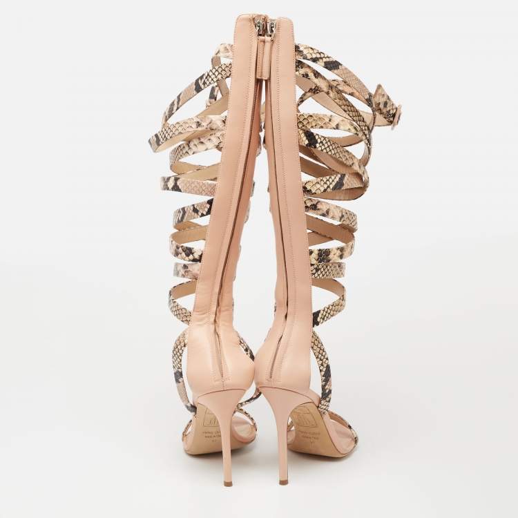 Pre Owned Giuseppe Zanotti Beige/Pink Python Embossed Leather Gladiator Sandals Size 37