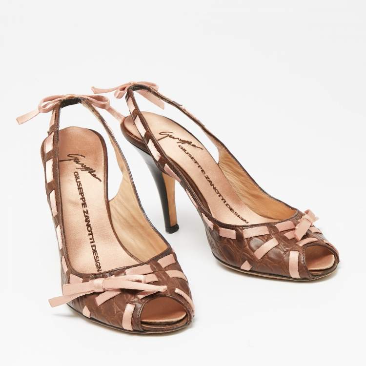 Pre Owned Giuseppe Zanotti Brown Croc Embossed Leather Bow Slingback Sandals Size 34
