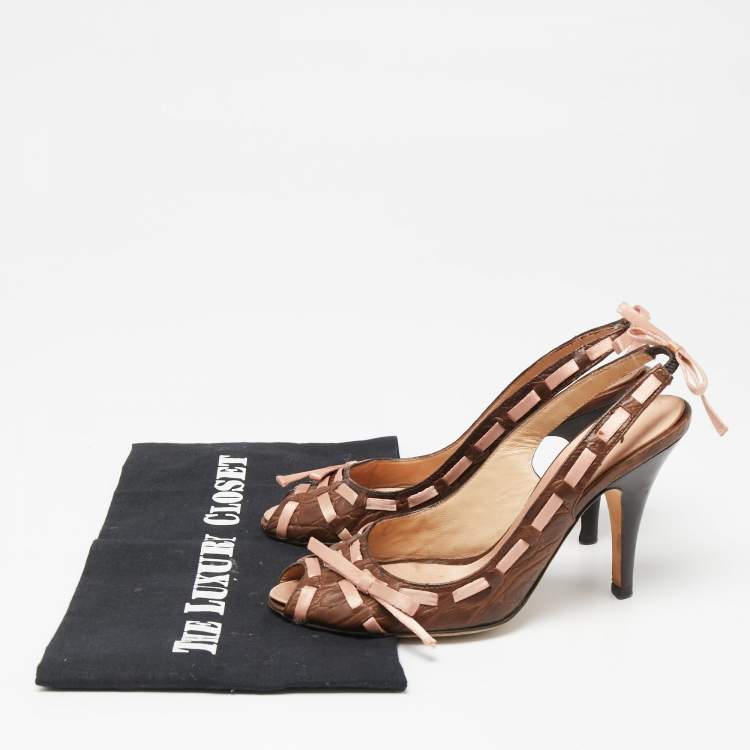 Pre Owned Giuseppe Zanotti Brown Croc Embossed Leather Bow Slingback Sandals Size 34