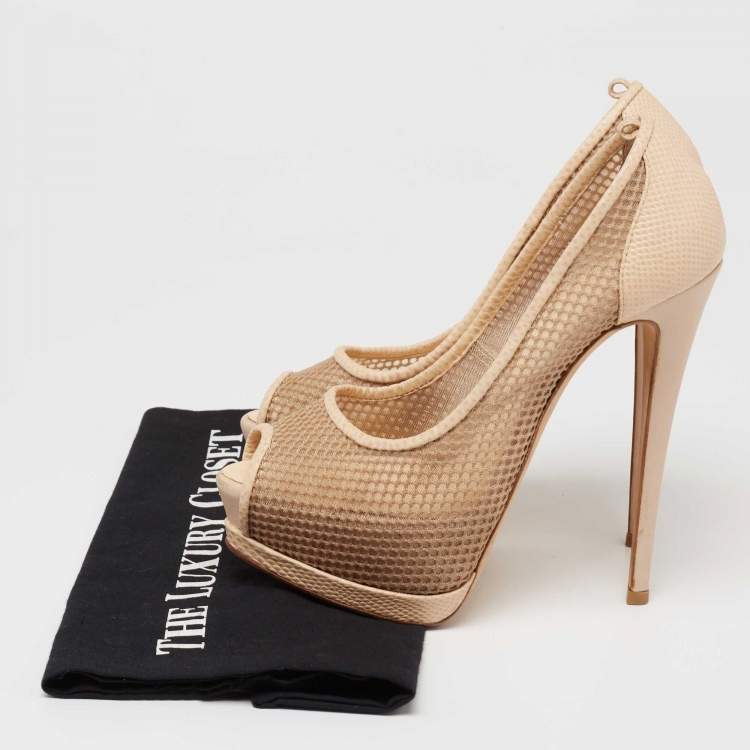 Pre Owned Giuseppe Zanotti Beige Mesh and Lizard Embossed Leather Peep-Toe Pumps Size 37.5