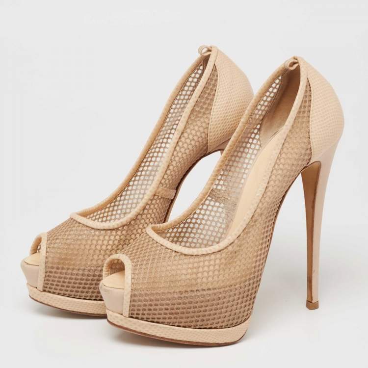 Pre Owned Giuseppe Zanotti Beige Mesh and Lizard Embossed Leather Peep-Toe Pumps Size 37.5