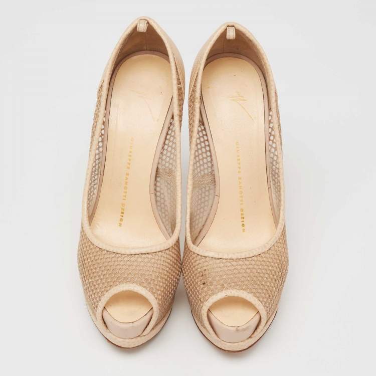 Pre Owned Giuseppe Zanotti Beige Mesh and Lizard Embossed Leather Peep-Toe Pumps Size 37.5