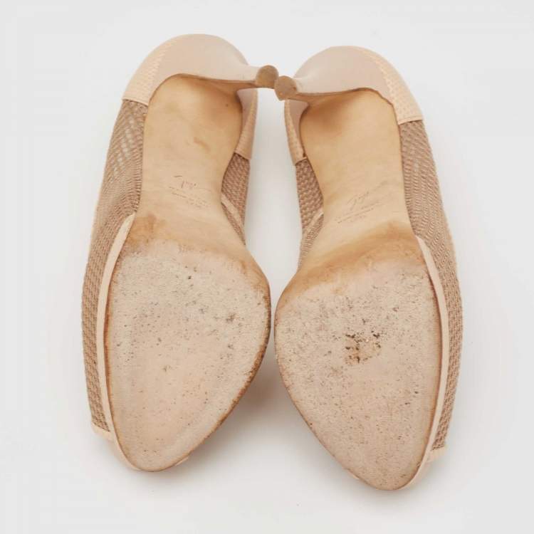 Pre Owned Giuseppe Zanotti Beige Mesh and Lizard Embossed Leather Peep-Toe Pumps Size 37.5
