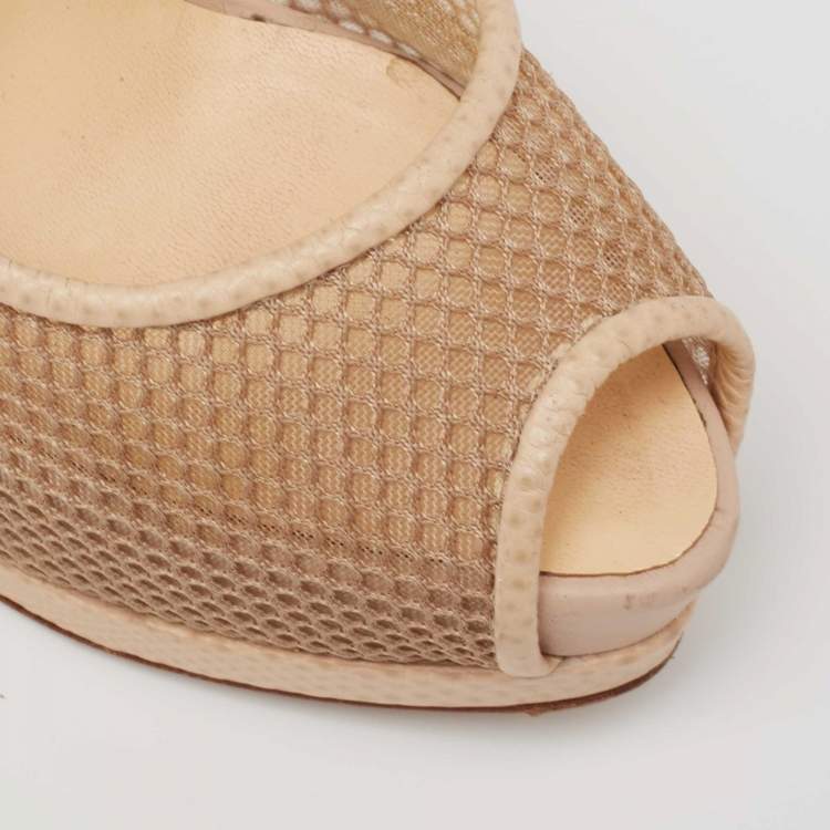 Pre Owned Giuseppe Zanotti Beige Mesh and Lizard Embossed Leather Peep-Toe Pumps Size 37.5