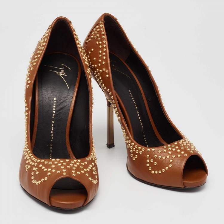 Pre Owned  Giuseppe Zanotti Tan Studded Leather Peep-Toe Pumps Size 37.5