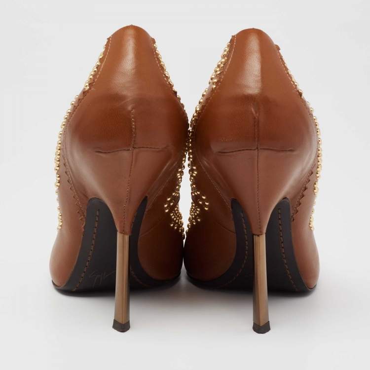 Pre Owned  Giuseppe Zanotti Tan Studded Leather Peep-Toe Pumps Size 37.5