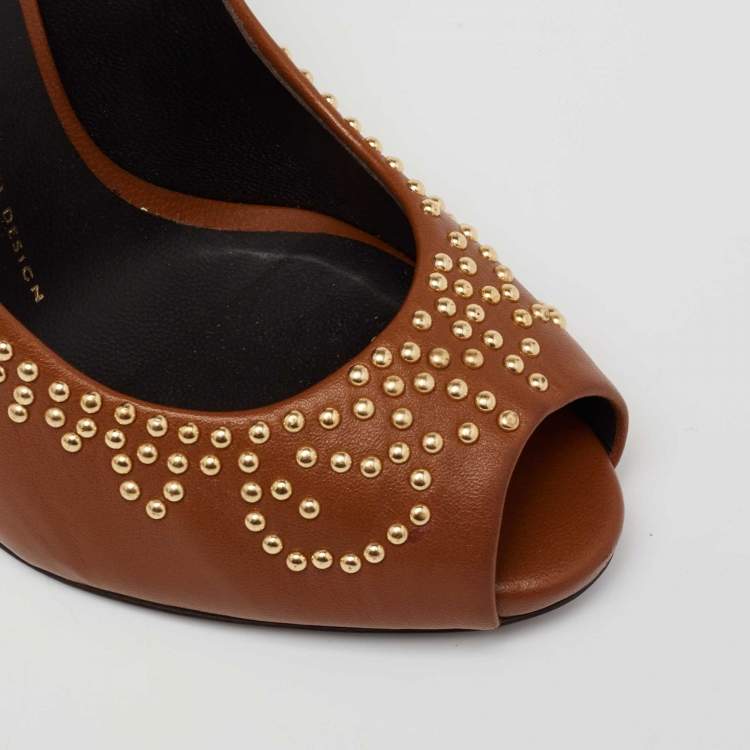 Pre Owned  Giuseppe Zanotti Tan Studded Leather Peep-Toe Pumps Size 37.5