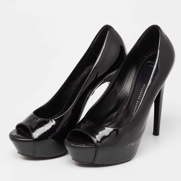 Pre Owned Giuseppe Zanotti Black Patent Leather Platform Peep Toe Pumps Size 37