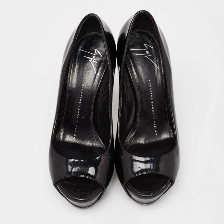 Pre Owned Giuseppe Zanotti Black Patent Leather Platform Peep Toe Pumps Size 37
