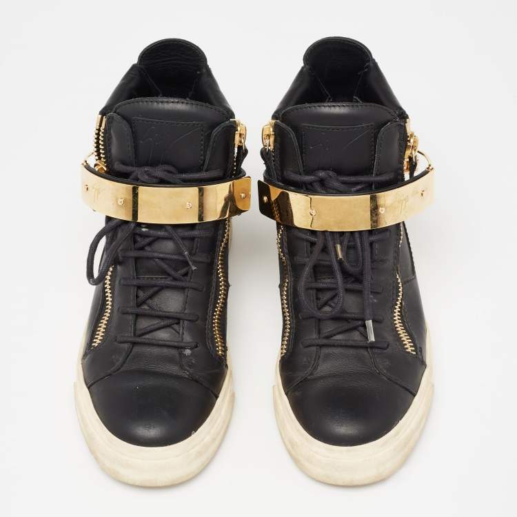 Pre Owned Giuseppe Zanotti Black/Gold  Leather Coby High Top Sneakers Size 37