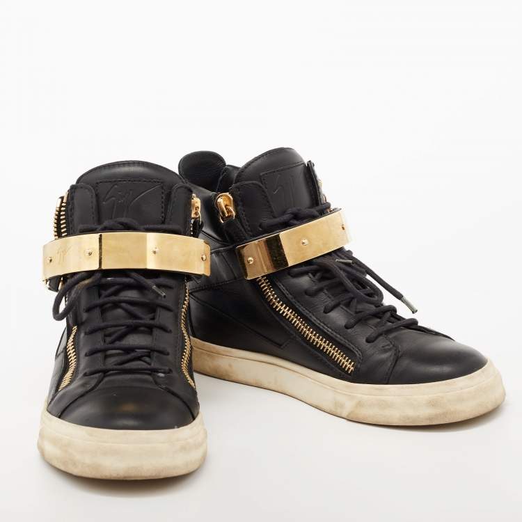 Pre Owned Giuseppe Zanotti Black/Gold  Leather Coby High Top Sneakers Size 37