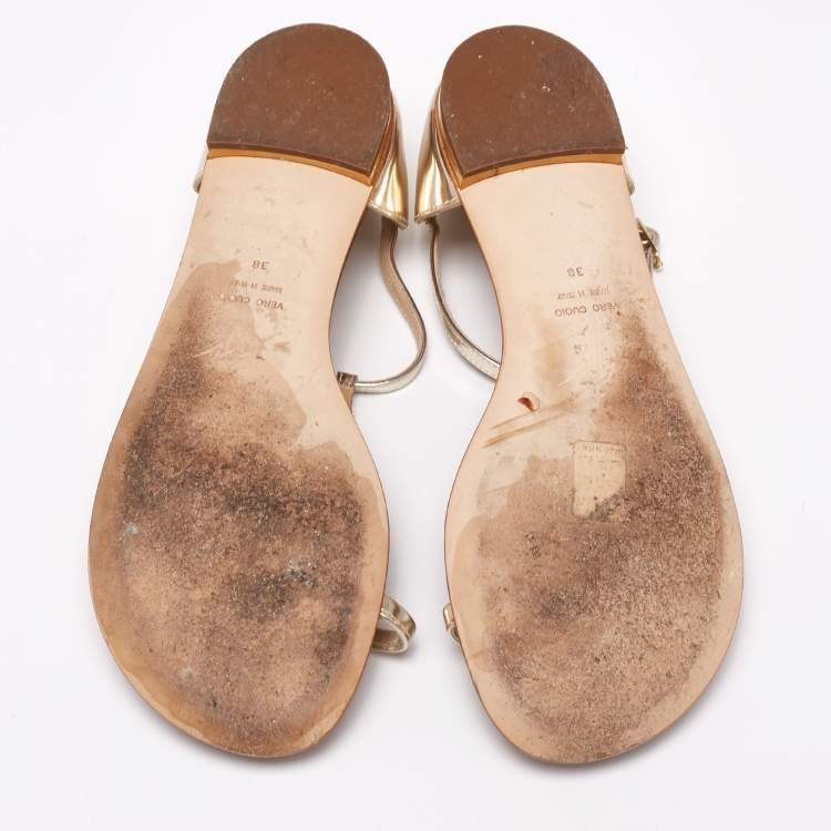 Pre Owned Giuseppe Zanotti Silver Leather T Strap Crystal Embellished Flat Sandals Size 38