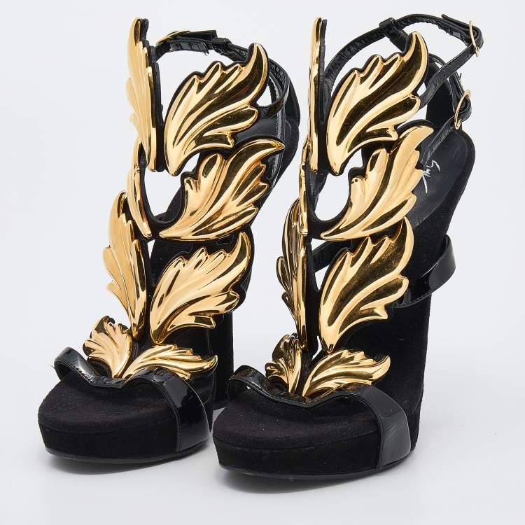 Pre Owned Giuseppe Zanotti Black Patent Leather And Suede Argent Metal Wing Embellished Strappy Sandals Size 38
