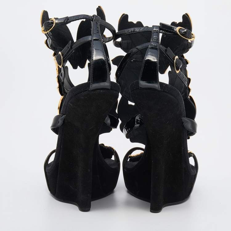 Pre Owned Giuseppe Zanotti Black Patent Leather And Suede Argent Metal Wing Embellished Strappy Sandals Size 38