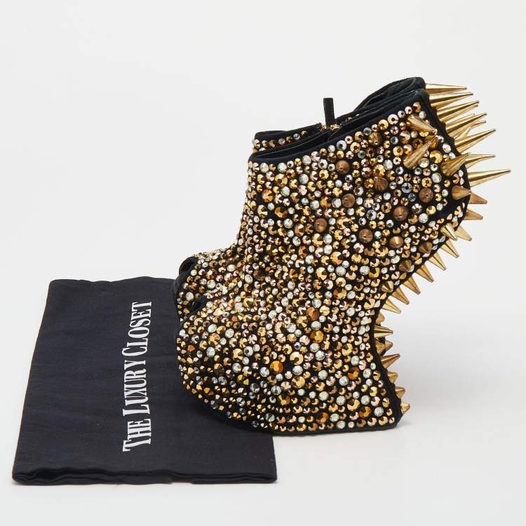 Pre Owned Giuseppe Zanotti Black Suede Crystal Embellished Spike Booties Size 38