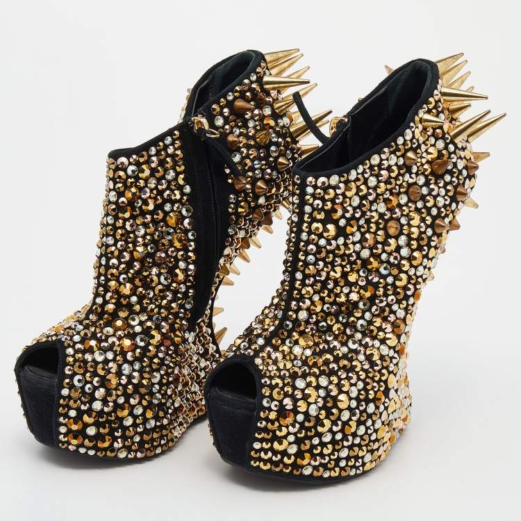 Pre Owned Giuseppe Zanotti Black Suede Crystal Embellished Spike Booties Size 38