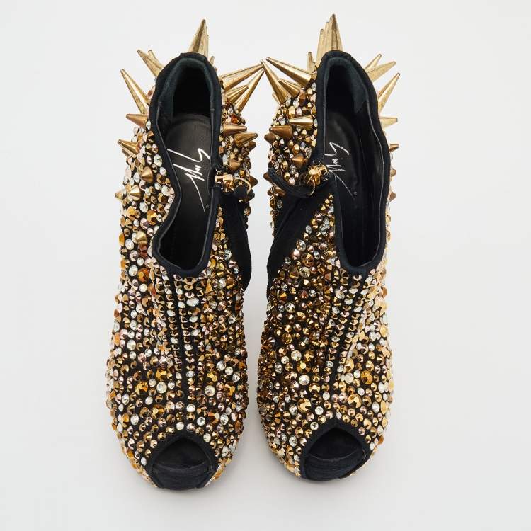 Pre Owned Giuseppe Zanotti Black Suede Crystal Embellished Spike Booties Size 38