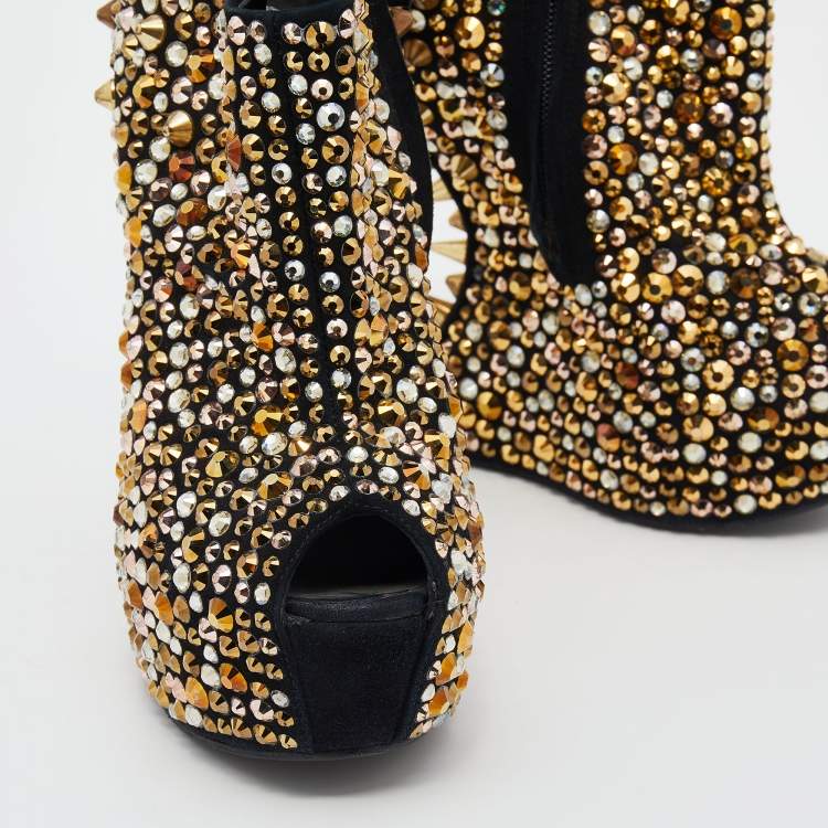 Pre Owned Giuseppe Zanotti Black Suede Crystal Embellished Spike Booties Size 38
